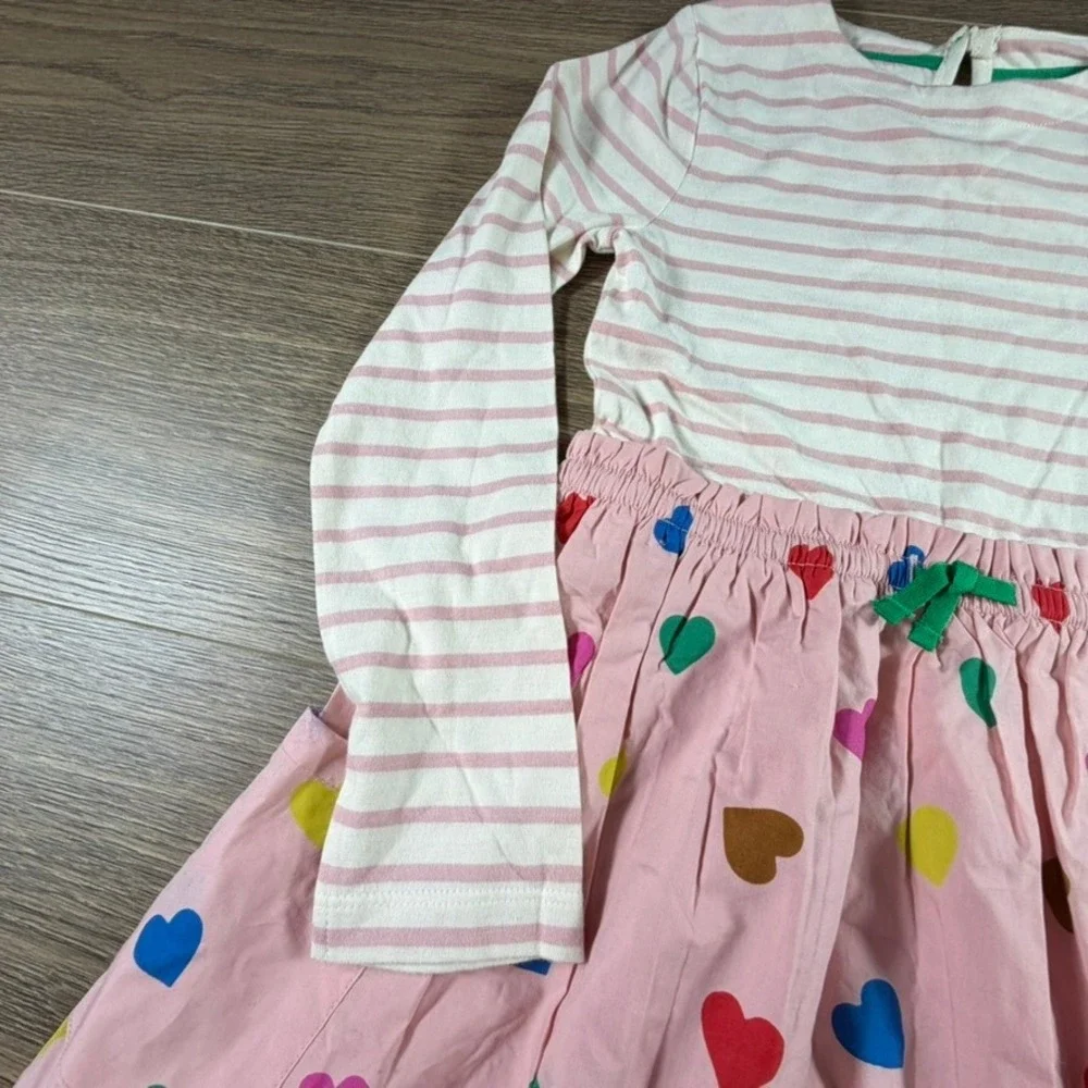 Mini Boden Girls Pink Striped Heart Print Long Sleeve Mixed Media Dress 7/8